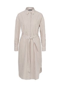 Gestreiftes Hemdkleid in Creme und Braun, mit Knopfleiste, spitzem Kragen, langen Ärmeln und einem Taillengürtel für eine verstellbare Passform.