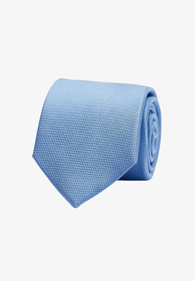 Cravate bleu clair avec une finition texturée, enroulée en forme cylindre, présentant une extrémité pointue pour un design classique.