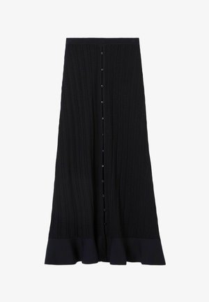 Gonna midi nera lavorata a maglia con costine verticali, chiusura centrale con bottoni e un ampio orlo arricciato.