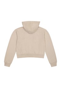 Beige Cropped-Hoodie mit weichem Material, ausgestattet mit Kapuze, langen Ärmeln sowie gerippten Bündchen und Saum. Minimalistische Nähdetails sind sichtbar.