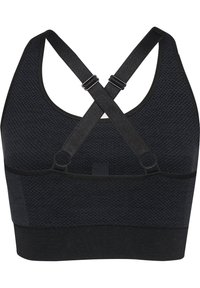 Zwarte sportbeha met een gestructureerd breiselontwerp, verstelbare kruislings rugbanden en een ondersteunende band. Heeft een gladde afwerking en een minimalistische stijl.
