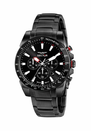 Orologio cronografo in metallo nero con lunetta tachimetrica, audaci accenti bianchi e rossi, e quadrante nero testurizzato caratterizzato da sottoquadranti e indici delle ore.