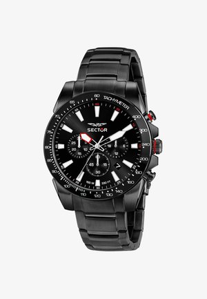 Zwart metalen chronograaf horloge met een tachymetrische bezel, gedurfde witte en rode accenten, en een gestructureerde zwarte wijzerplaat met subdials en uurmarkeringen.