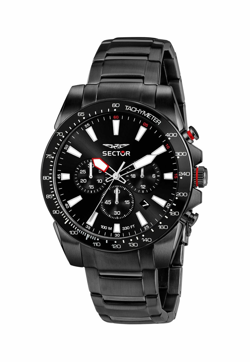 Orologio cronografo in metallo nero con lunetta tachimetrica, audaci accenti bianchi e rossi, e quadrante nero testurizzato caratterizzato da sottoquadranti e indici delle ore.