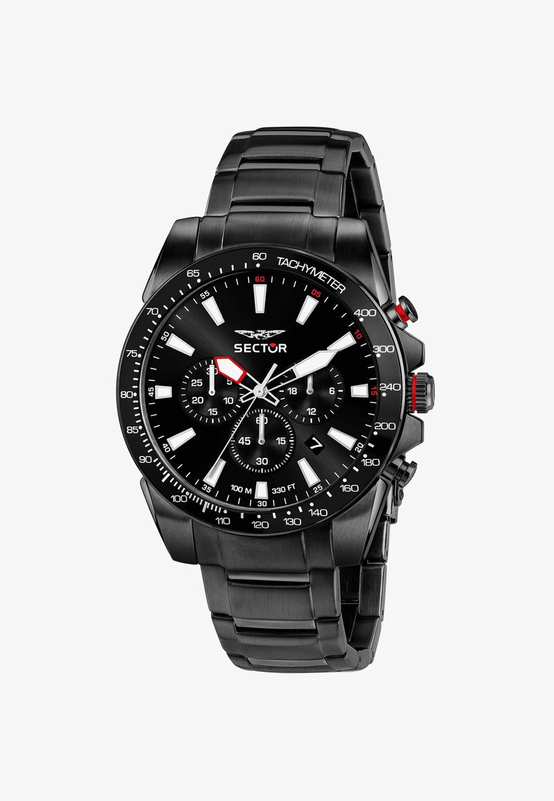Schwarze Chronograph-Uhr mit tachymetrischer Lünette, kräftigen weißen und roten Akzenten sowie einem strukturierten schwarzen Zifferblatt mit Unterzifferblättern und Stundenmarkierungen.