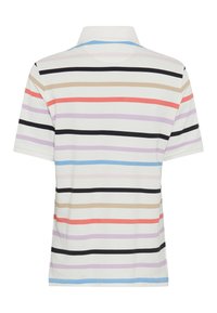 Korte mouwen polo-shirt met horizontale strepen in beige, zwart, rood, lavendel en lichtblauw op een witte achtergrond; met kraag ontwerp.