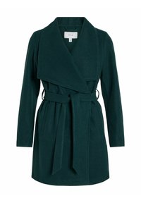 Tumma vihreä kietaisuntakki, jossa on shaalikaulus, pitkät hihat ja itsesolmittava vyö. Valmistettu pehmeästä materiaalista, minimalistinen muotoilu.