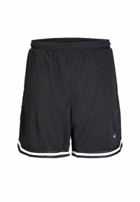 Shorts sportivi neri in rete con vita elastica, con bande laterali bianche e una vestibilità comoda. Senza loghi o motivi visibili.