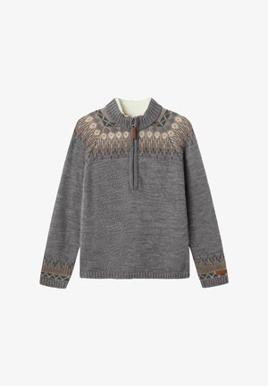 Pull en maille gris avec un col zippé mi-haut, présentant un motif fair isle texturé dans des tons terre sur les épaules et les manches.