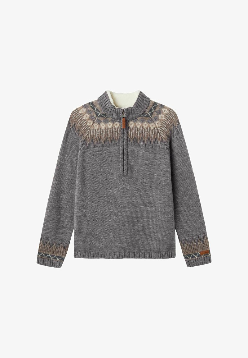 Harmaa neulepaita puolivälin vetoketjulla, jossa on teksturoitu fair isle -kuvio maanläheisissä sävyissä hartioilla ja hihoissa.