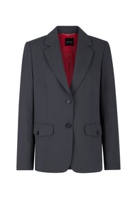 Gray blazer with sharp lapels, two buttons, and two front pockets. Lined interior in red fabric, tailored fit, smooth texture.