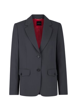 Grauer Blazer mit scharfen Revers, zwei Knöpfen und zwei Vorderentaschen. Gefüttertes Innenfutter aus rotem Stoff, taillierte Passform, glatte Textur.