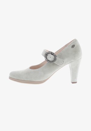 Graue Wildleder-High Heels mit runder Zehenpartie, verstellbarem Riemen und dekorativer kreisförmiger Schnalle sowie einem moderaten Absatz.