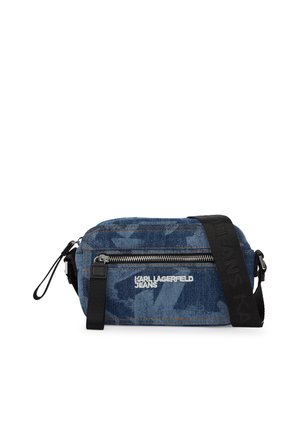 Jeansowa torba na ramię Karl Lagerfeld z przednią kieszenią na zamek i regulowanym czarnym paskiem z wytłoczonym logo.