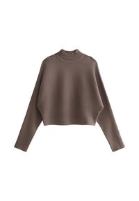 Brown, cropped sweater made of textured ribbed knit, featuring a high neck and long sleeves with a relaxed fit.