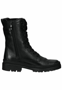 Bottes de combat en cuir noir, montantes jusqu'au genou, avec une surface texturée, présentant un laçage à l'avant et une fermeture éclair sur le côté, et une semelle robuste.