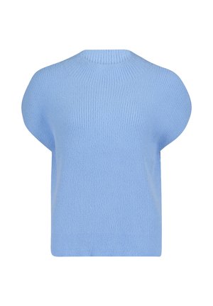 Hellblauer Strickpullover mit kurzen, breiten Kappenärmeln und rundem Ausschnitt.