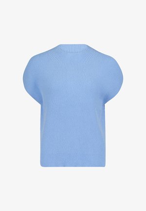 Hellblauer Strickpullover mit kurzen, breiten Kappenärmeln und rundem Ausschnitt.