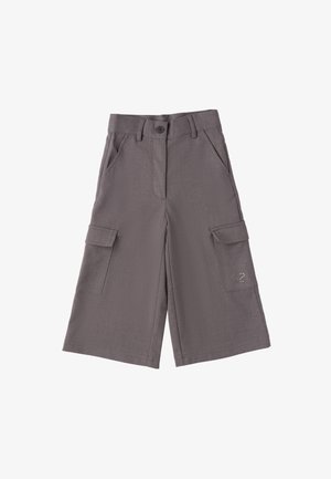 Pantalones cortos cargo grises de tela ligera. Cuenta con dos bolsillos laterales, dos bolsillos cargo y un cierre de botón. Textura suave con un detalle mínimo.