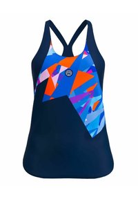 Top de baño en navy con patrones geométricos abstractos multicolores en azul, naranja y púrpura; cuenta con un diseño de espalda nadadora y detalle de logo.