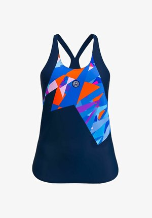 Top da nuoto navy con motivi geometrici astratti multicolori in blu, arancione e viola; presenta un design racerback e un dettaglio del logo.