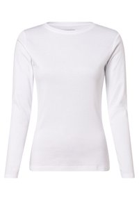 Biała bawełniana koszulka z długim rękawem, okrągłym dekoltem i prostym dołem. Gładka tekstura, klasyczny krój, bez widocznych wzorów lub akcentów.