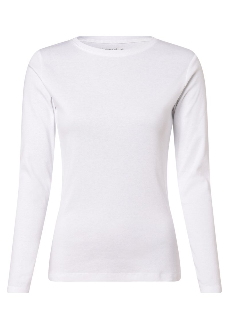 Biała bawełniana koszulka z długim rękawem, okrągłym dekoltem i prostym dołem. Gładka tekstura, klasyczny krój, bez widocznych wzorów lub akcentów.
