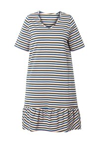 Vestido de camiseta a rayas con escote en V, mangas cortas y dobladillo con volantes. Los colores incluyen rayas azules, amarillas y blancas. Material de algodón suave.