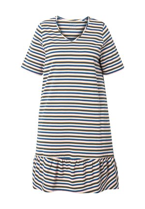 Vestido de camiseta a rayas con escote en V, mangas cortas y dobladillo con volantes. Los colores incluyen rayas azules, amarillas y blancas. Material de algodón suave.