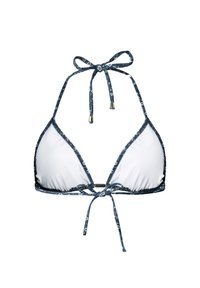 Baltas trikampis bikini viršus su tamsiai mėlynu gėlių raštu ir raišteliais, su metaliniais akcentais ir susiraukšlėta centru.