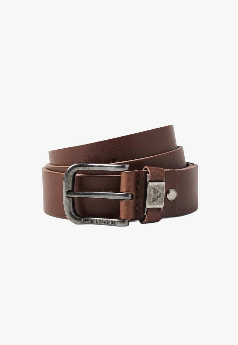 Brown leather belt with a silver-toned metal buckle, featuring a rectangular shape and visible stitching detail. Designed with a smooth texture.