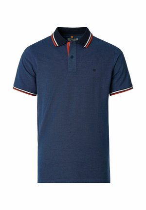 Navyblauw poloshirt met korte mouwen, zwarte kraag, rood-witte streepaccents op de kraag en mouwen, knoopsluiting met twee knopen, en een klein logo op de borst.