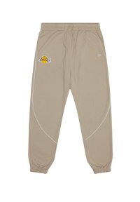 Calças de fato de treino bege com um logótipo dos Lakers bordado, cintura elástica com cordão e costura em branco nas laterais.