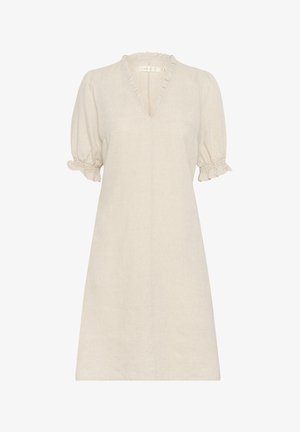 Beige linneklänning med V-ringning, samlade korta puffärmar och små volanger vid halsringning och ärmslut. A-linjeformad silhuett.