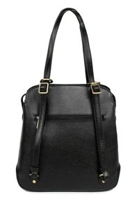 Borsa tote nera realizzata in pelle texture, dotata di due manici regolabili, una tasca frontale con zip e dettagli in metallo dorato.