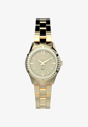 Gold-tone solar watch with a round case, crystal-accented bezel, sunburst-pattern dial, stick hour markers, and a linked bracelet strap.
