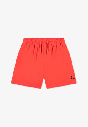 Bright orange athletic shorts with an elastic waistband, drawstring, and a black Jordan logo accent on the lower left side.