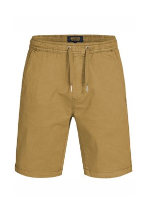 Lysebrune, knelang shorts med elastisk midjebånd og snor. Laget av et mykt, lett materiale med en glatt tekstur.