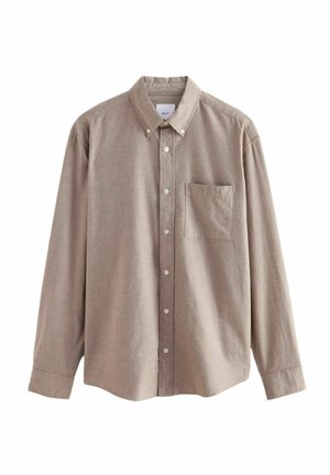 Lichtbruine button-up shirt, met kraag, lange mouwen, een enkele borstzak, de stof voelt zacht en licht geborsteld aan.