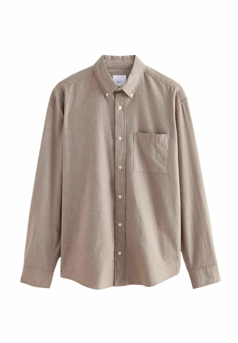 Hellbraunes Button-up-Hemd mit Kragen, langen Ärmeln und einer einzelnen Brusttasche. Die Stoffstruktur wirkt weich und leicht aufgeraut.