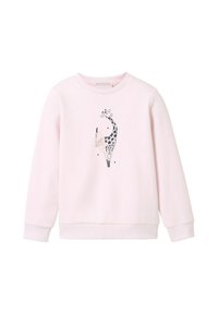 Lichtroze sweatshirt met een giraffe graphic in zwart en grijs met sterpatronen. Ribgebreide manchetten en zoom met een ronde halslijn.