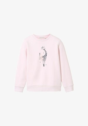 Vaaleanpunainen huppari, jossa on musta- ja harmaagrafiikkaan kuuluva kirahvi, sekä tähtikuosiset yksityiskohdat. Ribatut hihansuut ja helma sekä pyöreä pääntie.