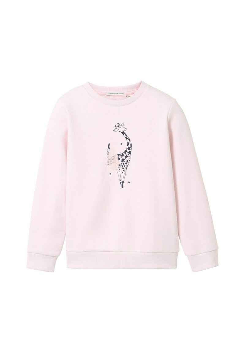 Lichtroze sweatshirt met een giraffe graphic in zwart en grijs met sterpatronen. Ribgebreide manchetten en zoom met een ronde halslijn.