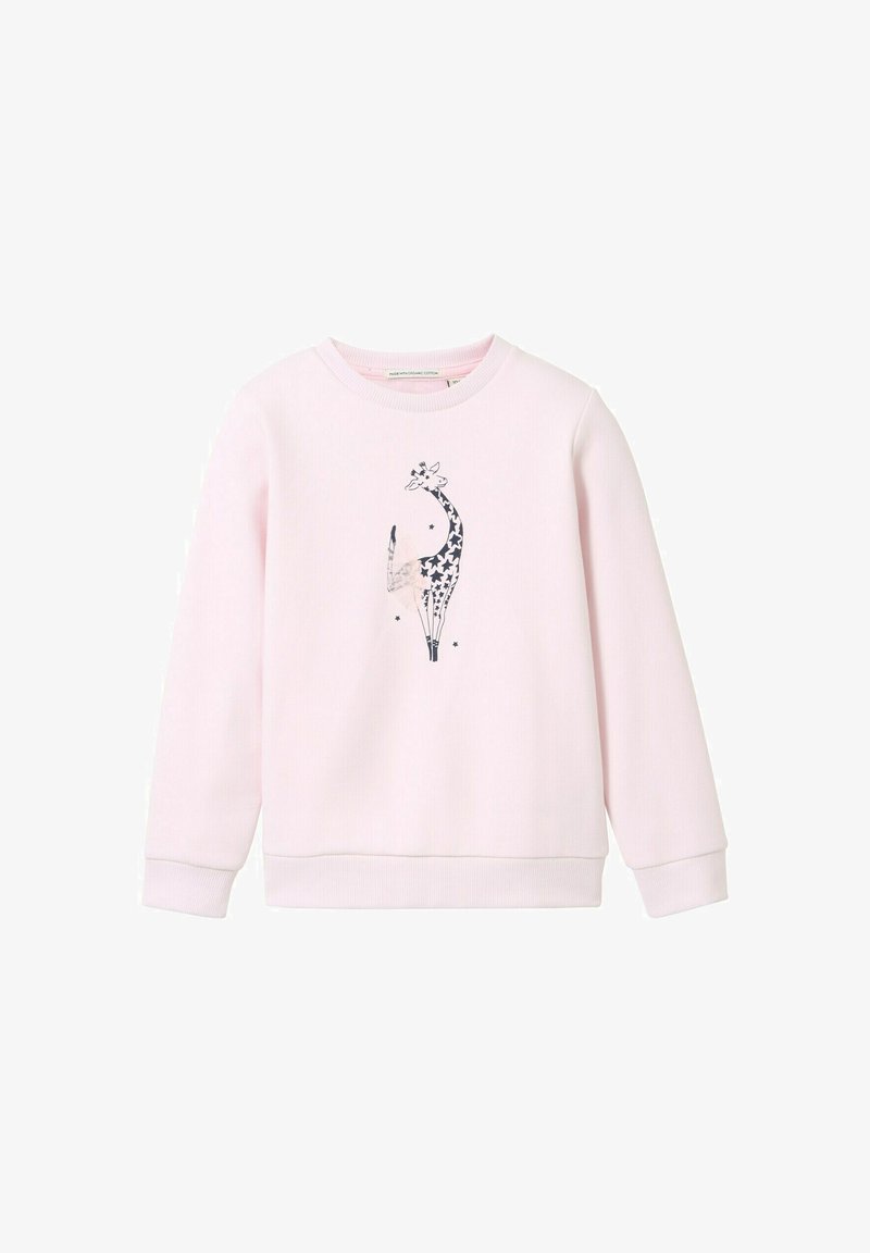 Lyserød sweatshirt med et giraffegrafik i sort og grå med stjernemønstre. Ribbenede manchetter og kant med en rund hals.
