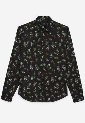Schwarzes langärmliges Hemd zum Knöpfen mit grünem und gelbem Blumenmuster, spitzem Kragen und abgerundetem Saum.