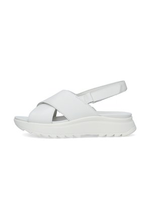 Weiße Sandale mit gepolsterter Sohle, breiten überkreuzten Riemen und verstellbarem Fersenriemen mit Klettverschluss, für Komfort und legere Nutzung konzipiert.