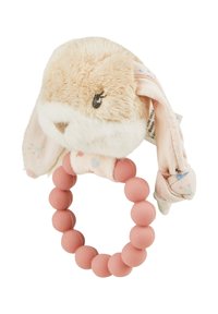 Plush rabbit toy with light brown fur, pink rubber ring, and fabric ears patterned with flowers and blue dots; soft texture throughout.