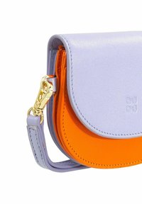 Compact leather wallet with a lavender exterior and orange interior, featuring a gold zipper and a detachable strap for easy carrying.