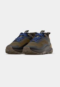Paar braune und dunkelgraue Trailrunning-Schuhe mit blauen Schnürsenkeln und strukturierten, robusten Sohlen vor weißem Hintergrund.