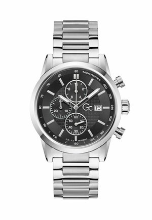Silver stainless steel watch with a textured black face, three sub-dials, tachymeter scale, and a link bracelet. Features luminous hour markers.